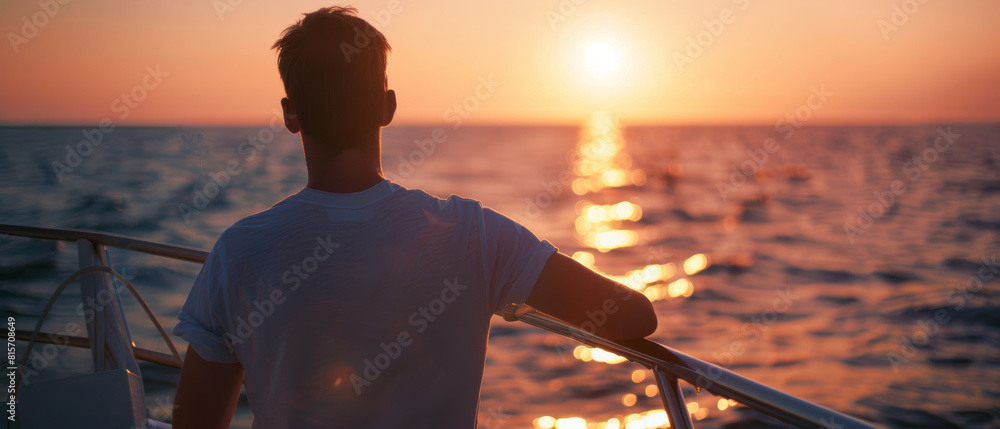 Fototapeta premium A tranquil moment as a man contemplates the sea at sunset from a yacht.