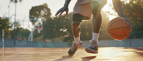 Dynamic basketball game captured with player dribbling at sunset.