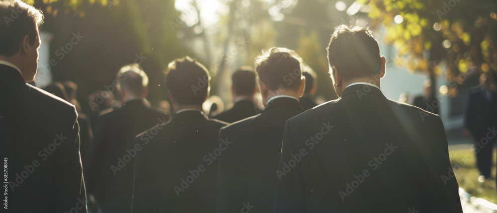 Naklejka premium Silhouetted men in suits walk purposefully forward against a sunlit backdrop.