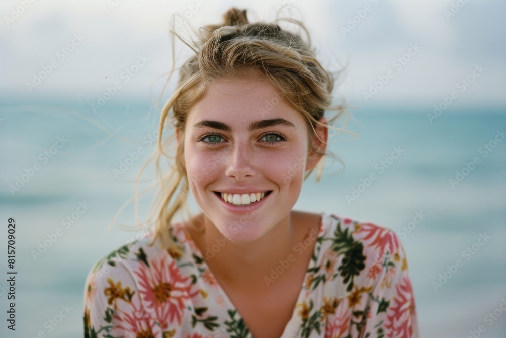 A close-up of a cheerful young woman with a floral top, smiling against a serene beach backdrop. A close-up of a cheerful young woman with a floral top, smiling against a serene beach backdrop.