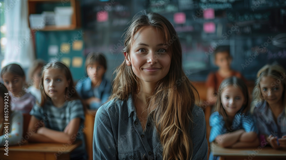 A young woman is smiling at the camera in front of a group of children A young woman is smiling at the camera in front of a group of children