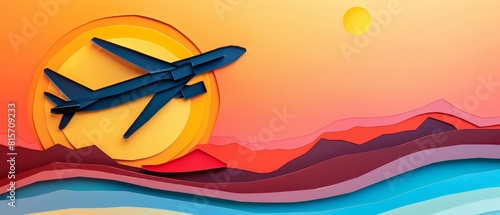 Trendy art paper collage design of an airplane taking off into a sunset
