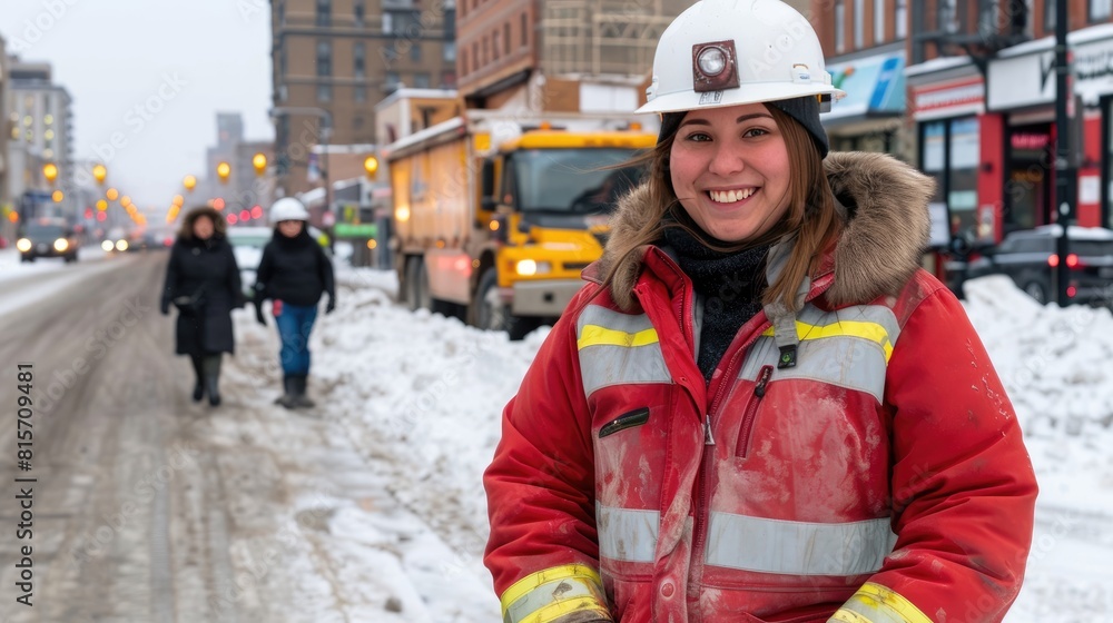 a 19-year-old woman worker, donning immaculate gear and a pristine white hardhat, her hair neatly tied underneath, exuding confidence and professionalism on the job. a 19-year-old woman worker, donning immaculate gear and a pristine white hardhat, her hair neatly tied underneath, exuding confidence and professionalism on the job.