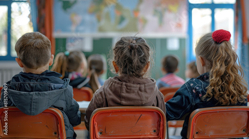 Three children sit in a classroom, one of them wearing a red ribbon