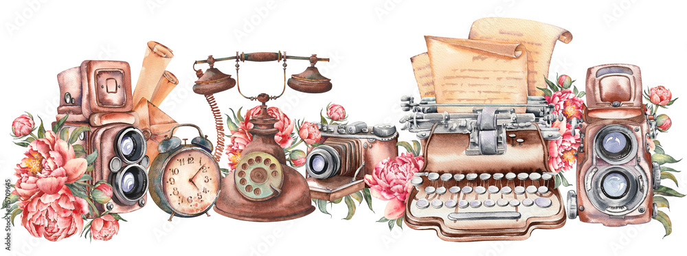 Vintage telephone, cameras and typewriter with old paper scrolls and ...