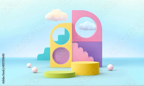  Background podium baby cute product 3d cloud kid children display banner room toy design blue. Podium scene boy background rainbow baby stand studio presentation shower template sale stage poster sky