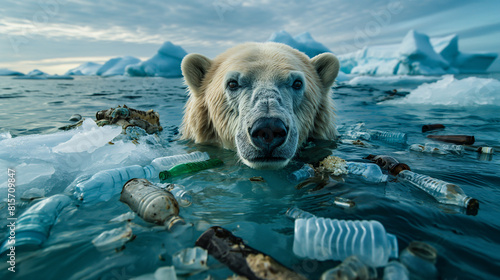 a polar bear swimming in polluted ocean  photo