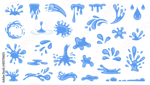 Water drops, sea and ocean waves big set. Blue Liquid elements, cry droplet icons collection of splashes and fluid. Vector illustration isolated on white background