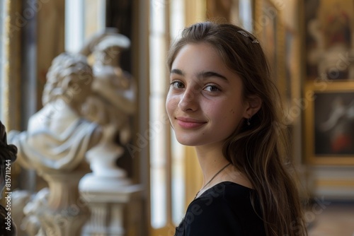 A young woman with a pleasant smile stands in an art gallery, surrounded by classical sculptures, exuding confidence and serenity.