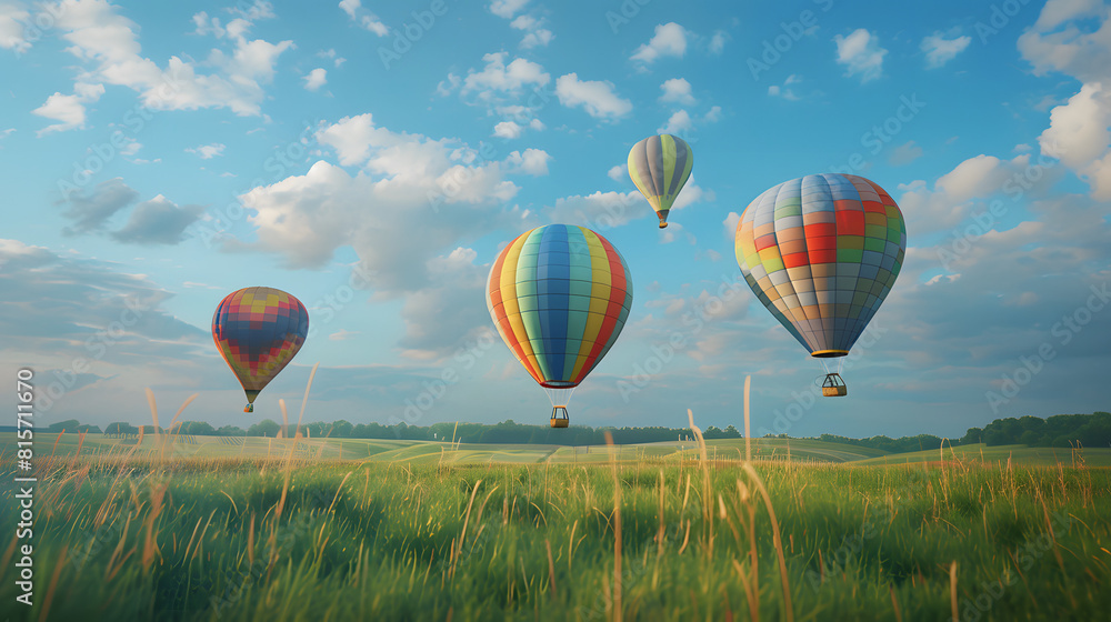 Fototapeta premium Three colorful hot air balloons floating gracefully above a green meadow, symbolizing the Trinity's boundless love.