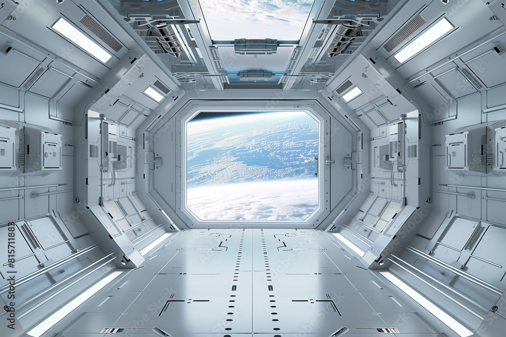 Fototapeta premium sci fi futuristic white space station interior, futuristic door in the center of frame with window looking out to planet earth outside