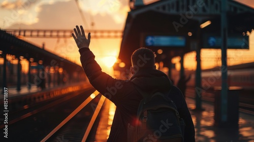 A man waves a heartfelt goodbye to his girlfriend at the train station, bathed in the warm hues of an autumn sunset. Guy waving to a girlfriend photo