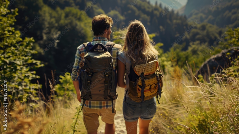 Man with a backpack welcoming his girlfriend on a hiking trail, showcasing their adventurous spirit and natural daylight surroundings. Guy waving to a girlfriend Man with a backpack welcoming his girlfriend on a hiking trail, showcasing their adventurous spirit and natural daylight surroundings. Guy waving to a girlfriend