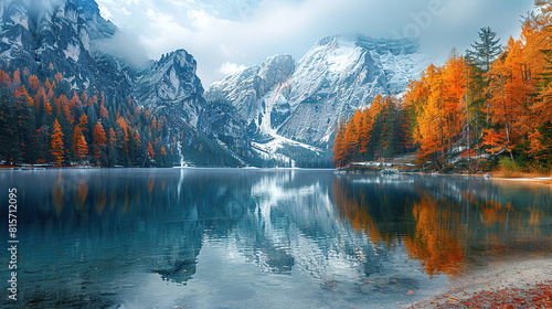 Photo of Lake Braies in the Dolomites  Italy with a beautiful mountain range and forest around it. The lake is calm  reflecting the sky and mountains. 