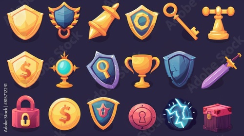 Set of modern cartoon icons of coins, keys, trophies, shields, gold cups and shields. Isolated money icons, lightning signs and flags on a background with a padlock. photo