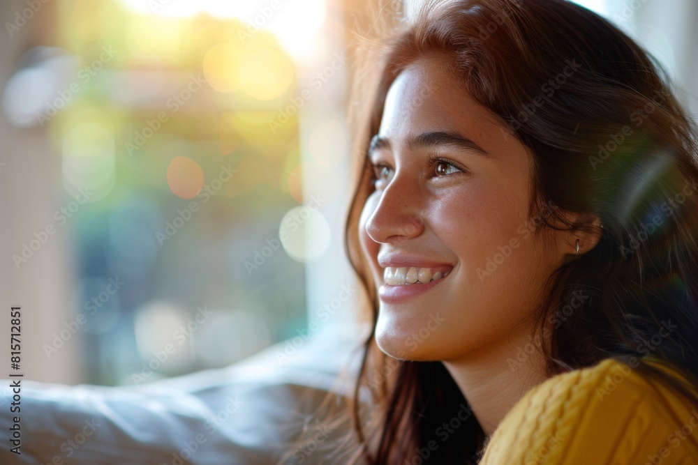 Obraz premium Close-up of a young woman with a bright smile and sunlight creating a bokeh effect in the background.
