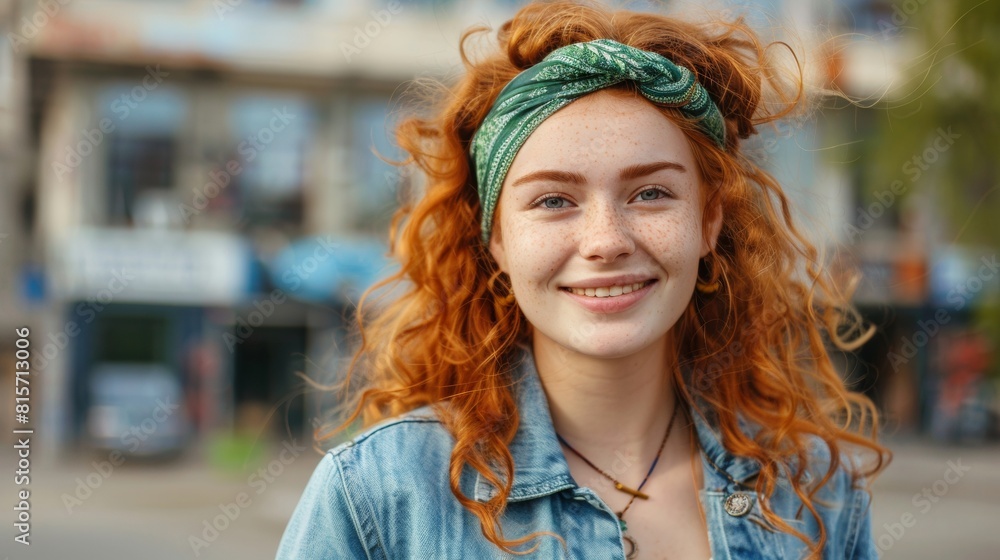 Ginger hair woman with bandana. girl with red hair and freckles. beautiful smiling woman. copy space. Ginger hair woman with bandana. girl with red hair and freckles. beautiful smiling woman. copy space.
