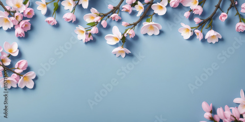 Pink cherry blossom branches on grey-blue background with copy space. Generated by AI