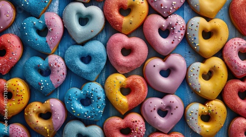 An endless array of heart shaped sweet donuts in vibrant colors forms a captivating pattern when viewed from above leaving plenty of space for your own message