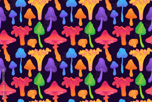 Magic mushrooms seamless pattern. Psychedelic hallucination. 60s hippie colorful art. Vintage psychedelic textile, fabric, wrapping paper, wallpaper. Vector repeating illustration.