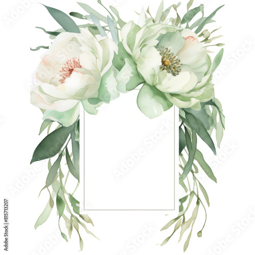 Watercolor hand painted frame with tropical green leaves and branches. Frame for wedding invitations, Luxury botanical gold wedding frame elements on white background.