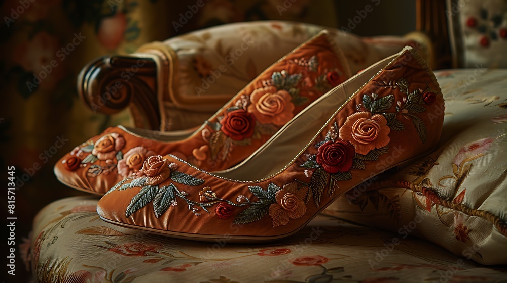 Embroidered velvet slippers, resting delicately on a silk cushion, evoking the opulent charm and refined taste of a bygone era.
