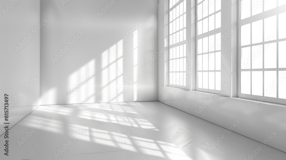 The scene depicts an empty white room with a window on the wall and a light modern background in perspective. A realistic scene featuring a clear corner apartment in a realistic style. The scene depicts an empty white room with a window on the wall and a light modern background in perspective. A realistic scene featuring a clear corner apartment in a realistic style.