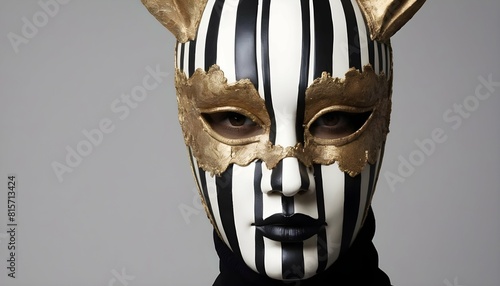 A dramatic mask with bold stripes and contrasting