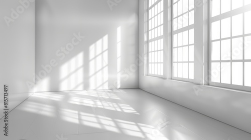 The scene depicts an empty white room with a window on the wall and a light modern background in perspective. A realistic scene featuring a clear corner apartment in a realistic style.