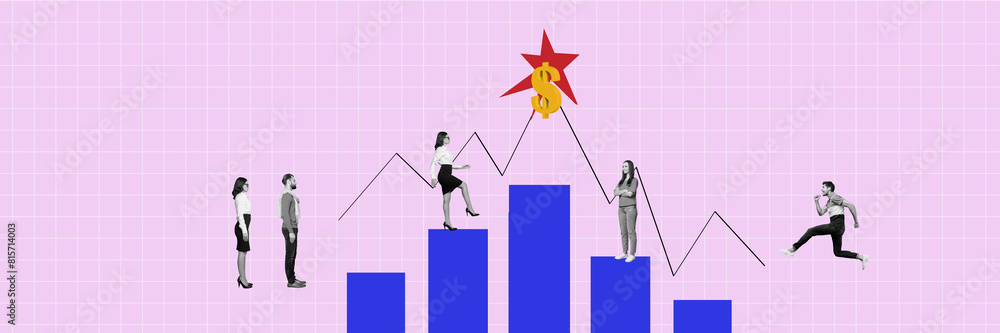 Fototapeta premium Creative trend collage of teamwork graph stairs achieve earning money trading team working billboard comics zine
