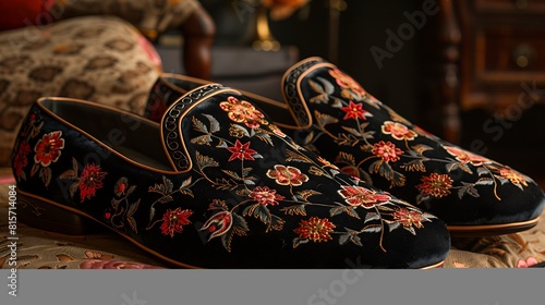 Embroidered velvet slippers, resting delicately on a silk cushion, evoking the opulent charm and refined taste of a bygone era. photo