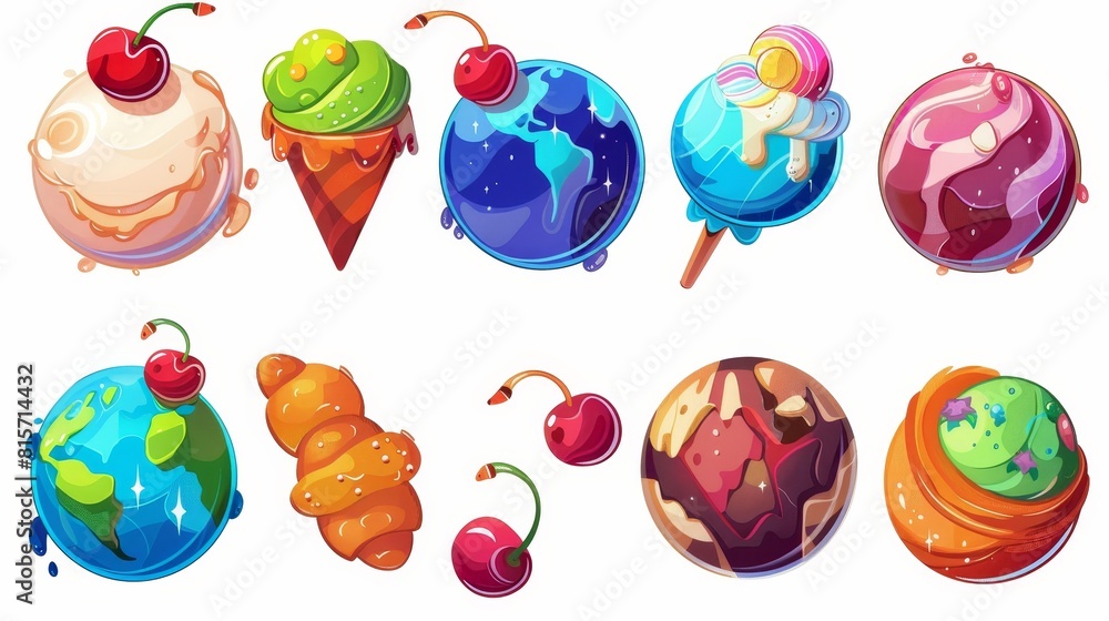 Modern set has a galaxy fantasy circle childish lollipop, merengue with cherry and croissant confectionery. App details for bakery and cafeteria. Modern set has a galaxy fantasy circle childish lollipop, merengue with cherry and croissant confectionery. App details for bakery and cafeteria.