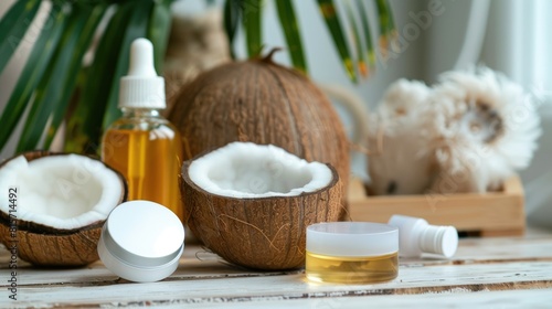 Coconut cut in half aromatic oil in a clear container lotion and face massager arranged on a wooden surface Self care Spa therapies Beauty treatments Eco friendly skincare products