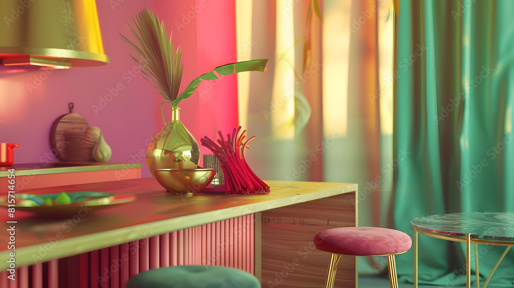Modern composition of kitchen interior with wooden kitchen island red barstools colorful sculpture green curtain gold cooker hood vase with rhubarb and personal accessories Home decor : Generative AI Modern composition of kitchen interior with wooden kitchen island red barstools colorful sculpture green curtain gold cooker hood vase with rhubarb and personal accessories Home decor : Generative AI