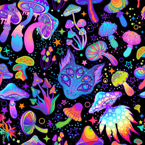 Magic mushrooms and cosmic cat seamless pattern. Psychedelic hallucination. 60s hippie colorful art. Vintage psychedelic textile, fabric, wrapping, wallpaper. Vector repeating illustration.