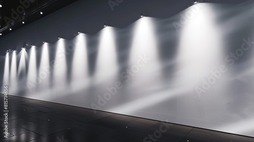 A hyperrealistic art gallery at night, with a clean, white wall illuminated by a series of focused lights for an exhibition. photo