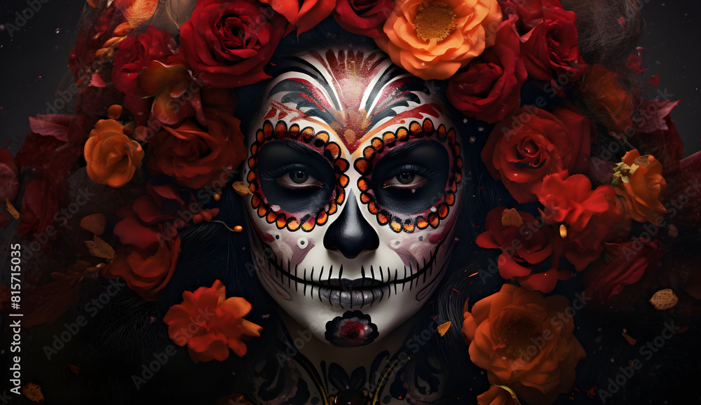 attractive young woman with sugar skull makeup Hispanic children celebrating Dia de los Muertos dia de los muertos of calavera catrina
