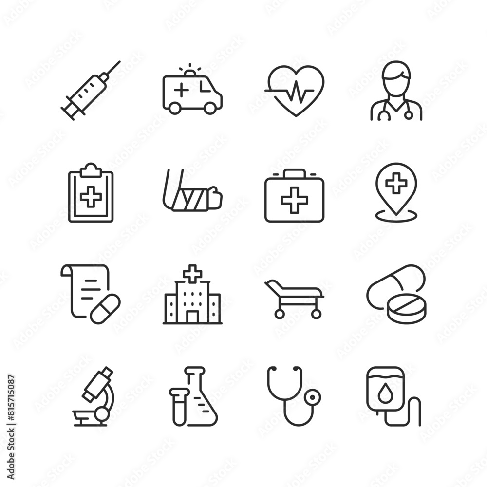 Medical Care and Diagnostics, linear style icon set. Healthcare services, treatments, and examinations. Tools and equipment for medical professionals. First aid. Editable stroke width Medical Care and Diagnostics, linear style icon set. Healthcare services, treatments, and examinations. Tools and equipment for medical professionals. First aid. Editable stroke width
