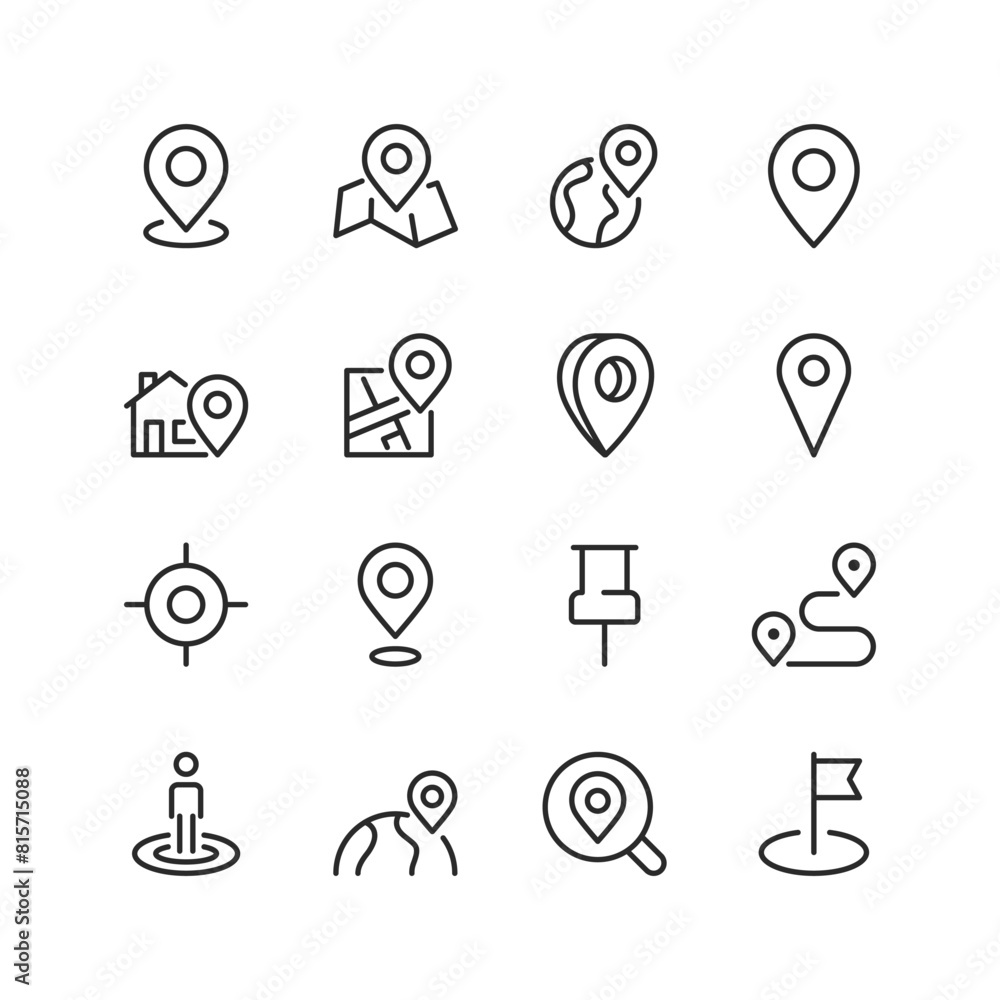 Location and Mapping, linear style icon set. Marking spots, pinpointing places and finding geographic coordinates. Maps, pins, compasses and globes for navigation. Editable stroke width Location and Mapping, linear style icon set. Marking spots, pinpointing places and finding geographic coordinates. Maps, pins, compasses and globes for navigation. Editable stroke width