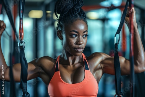 Strong young woman focused on her workout using suspension training straps in a gym