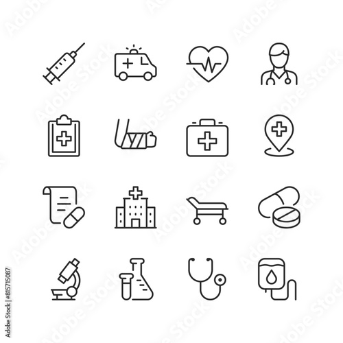 Medical Care and Diagnostics, linear style icon set. Healthcare services, treatments, and examinations. Tools and equipment for medical professionals. First aid. Editable stroke width