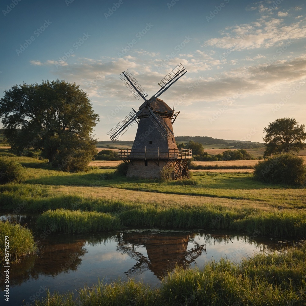 A serene rural landscape with a traditional windmill.
