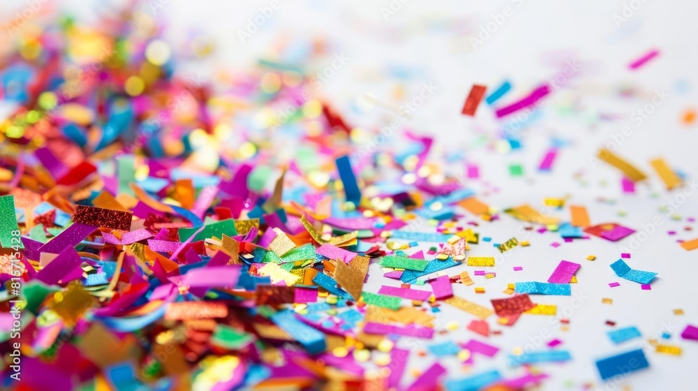 A closeup of rainbowcolored confetti scattered on a plain white surface, creating a celebratory scene with space for copy A closeup of rainbowcolored confetti scattered on a plain white surface, creating a celebratory scene with space for copy