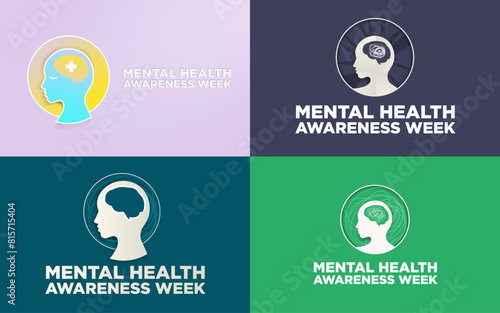 Set of Mental Health Awareness Banners with different depictions of mental health illnesses. Tangled Lines inside a brain, cracked mind with tangled thoughts. Vector Illustration. 
