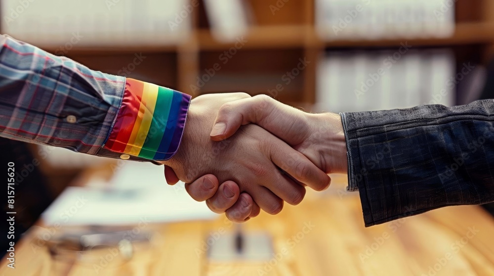 Obraz premium A professional shaking hands with a colleague in an office, with a rainbow flag subtly visible on a desk