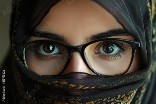 Close-up of a woman's eyes wearing glasses and a hijab, expressing cultural beauty