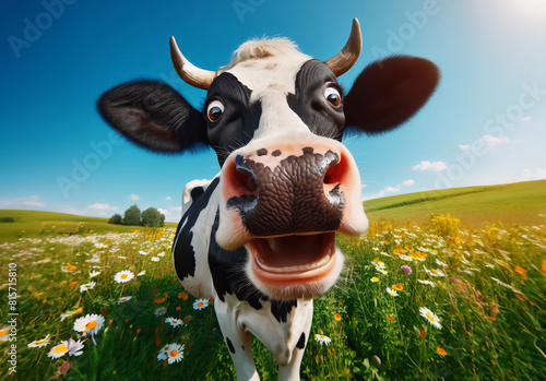 Eine lustige Kuh mit weit aufgerissenen Augen auf einer Wiese © sweasy