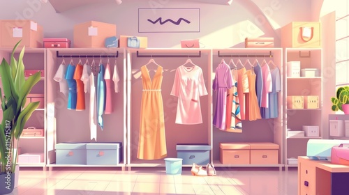 Fashion boutique interior design. Modern illustration of mannequins wearing stylish clothes in a showroom. Racks hold dresses, shirts, and shoes, and a wall nameplate is displayed. photo