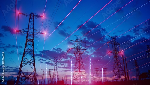 A photo of multiple high-voltage power lines with laser beams shooting from the top, illuminating blue light against an evening sky background