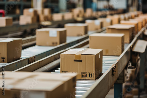 Cardboard boxes on the conveyor line of a sorting center. AI generative